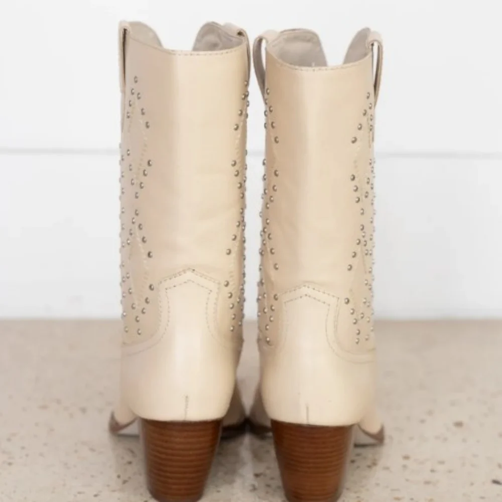 🔥SALE🔥NIB Free People Matisse El Paso Studded Ivory Heeled Mid Western Boots 8 - Picture 5 of 9